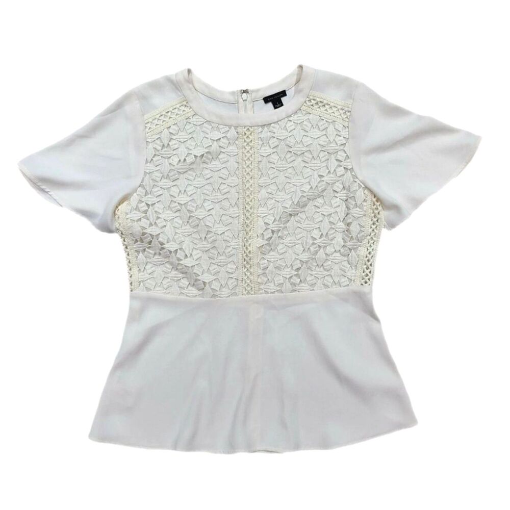 Anne Klein Off White Flutter Sleeve Geometric Blouse Size S Career Office Dress